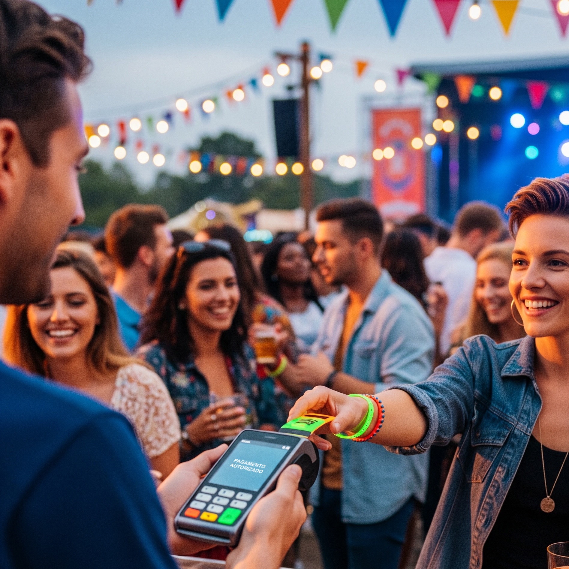 Pessoas usando pulseira RFID em evento com pagamento por aproxima&ccedil;&atilde;o