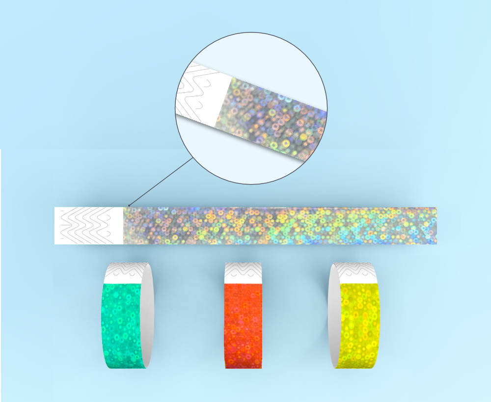 Pulseira PVC Hologr&aacute;fica Adesiva com acabamento antifalsifica&ccedil;&atilde;o