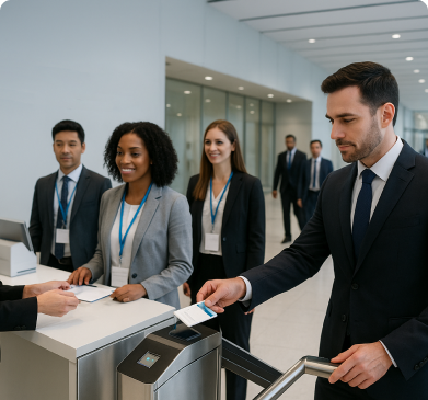 Equipe corporativa em feira ou congresso com credenciamento profissional