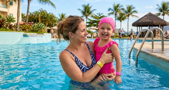 Colecione momentos inesquecíveis e aproveite as férias seguras com mãe e filha na piscina.